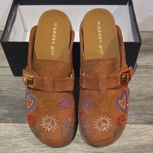 Madden Girl Brown Embroidered Suede Slide Mules